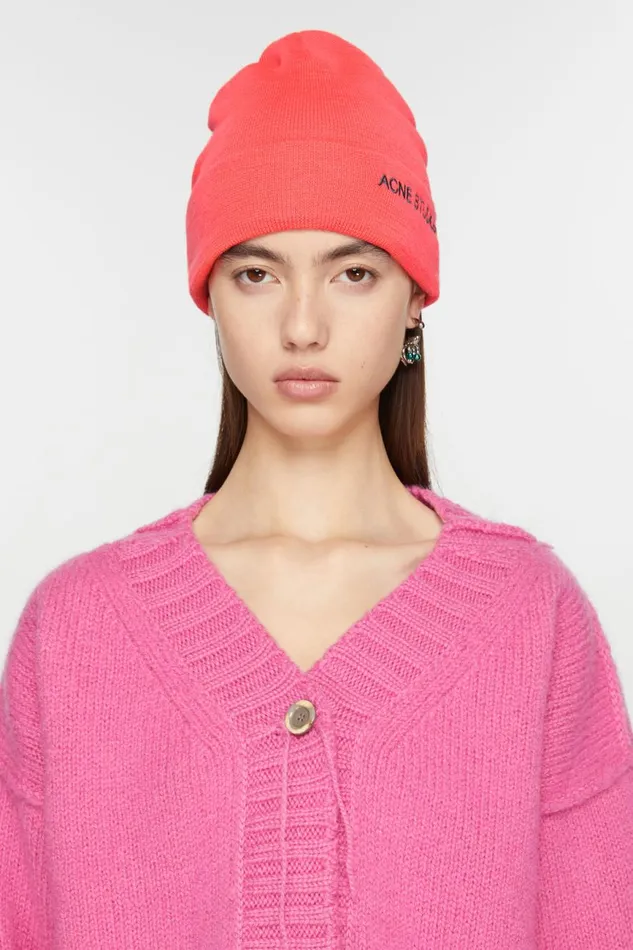 Women Embroidered Logo Beanie Fluo Pink Acne Studios Hats