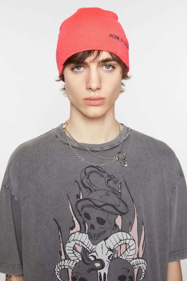 Women Embroidered Logo Beanie Fluo Pink Acne Studios Hats