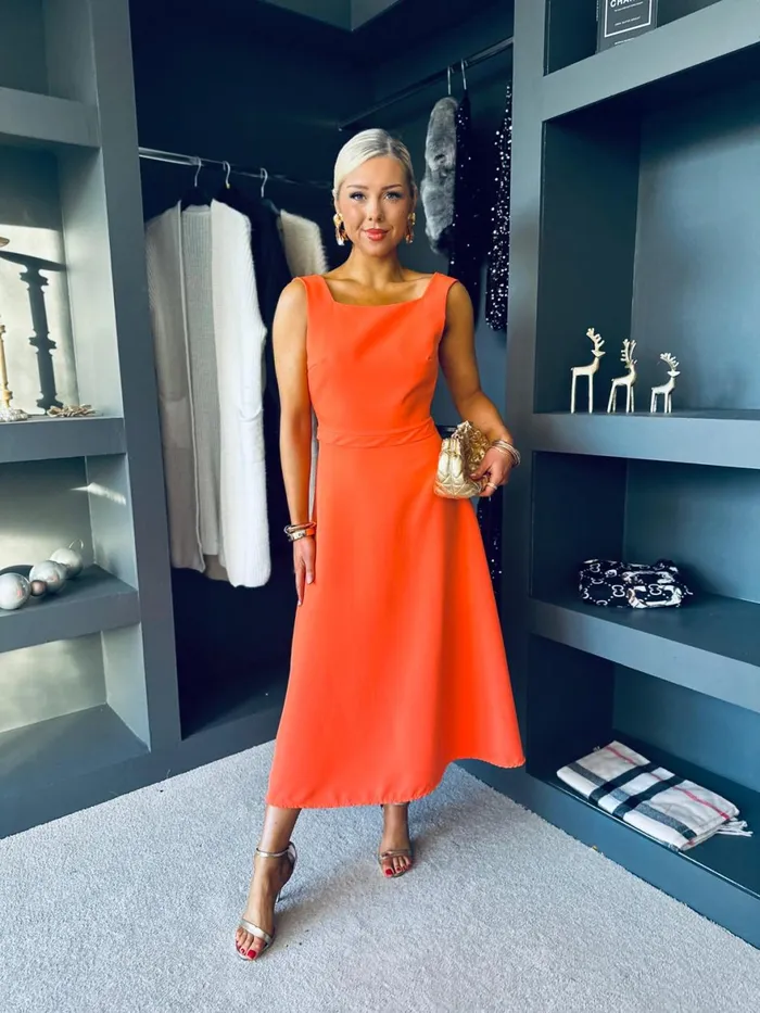 Women Evening Dress Canella Lane Antoinette Bow Detail Midi Dress Orange