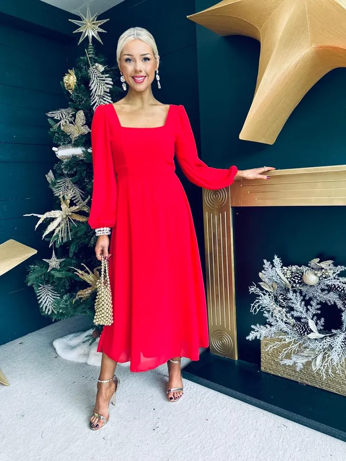 Women Evening Dress Canella Lane Caitlin Square Neck Midi Dress Red