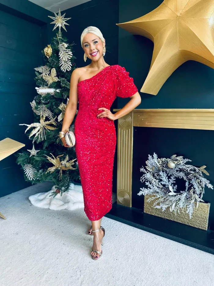 Women Evening Dress Canella Lane Georgia One Shoulder Sequin Midi Dress Red