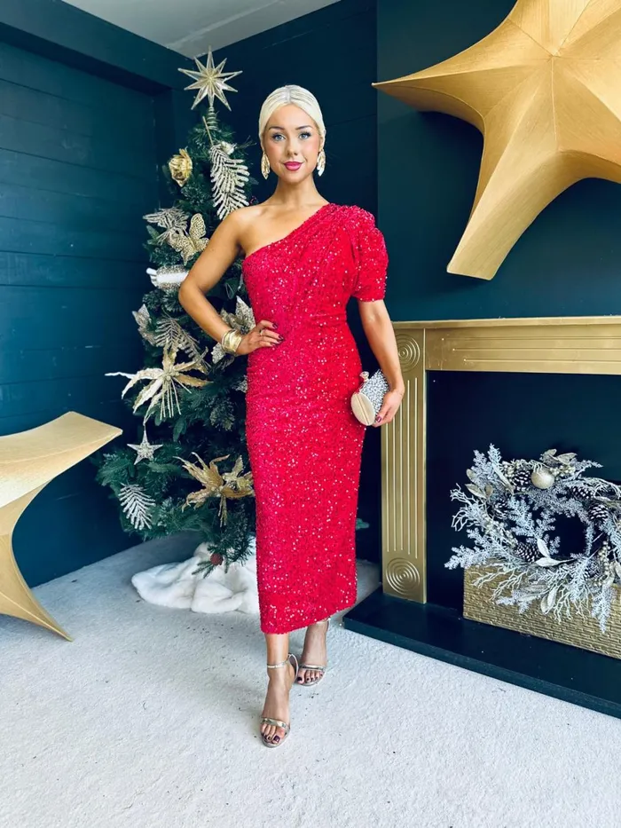 Women Evening Dress Canella Lane Georgia One Shoulder Sequin Midi Dress Red