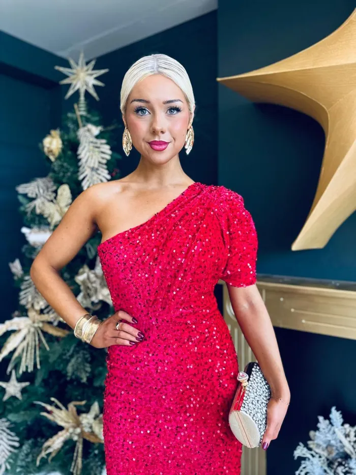 Women Evening Dress Canella Lane Georgia One Shoulder Sequin Midi Dress Red