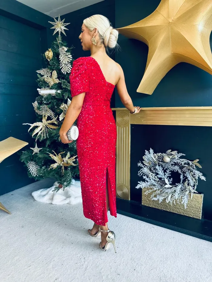 Women Evening Dress Canella Lane Georgia One Shoulder Sequin Midi Dress Red