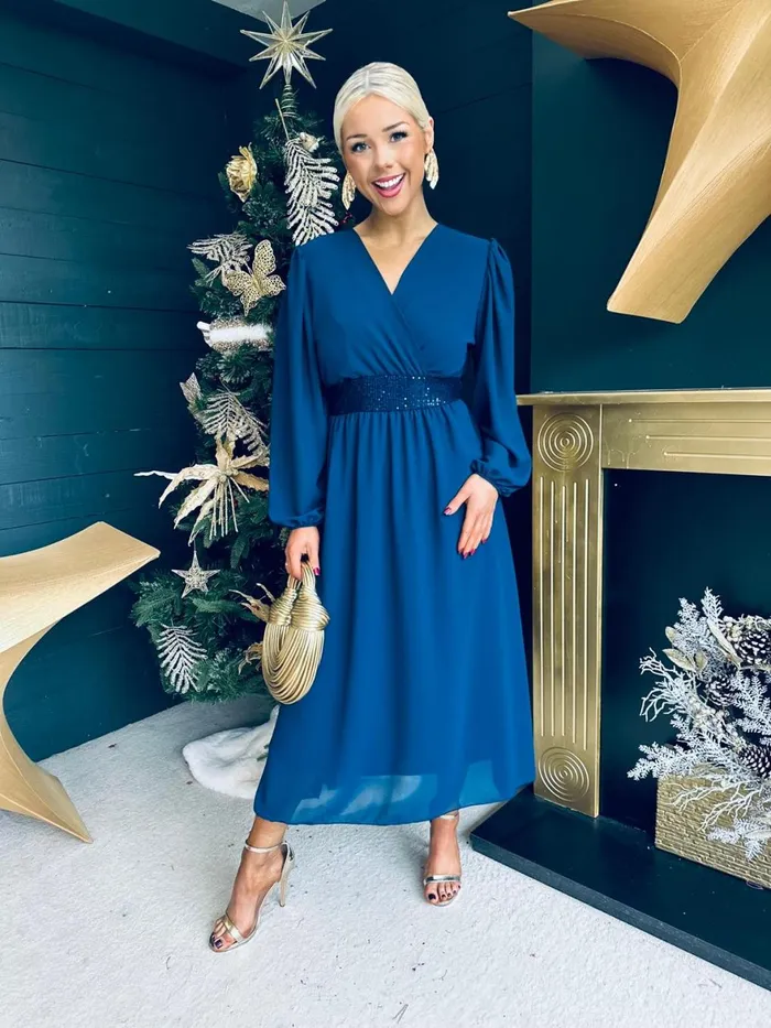 Women Evening Dress Canella Lane Julia Sequin Banded Midi Dress Navy