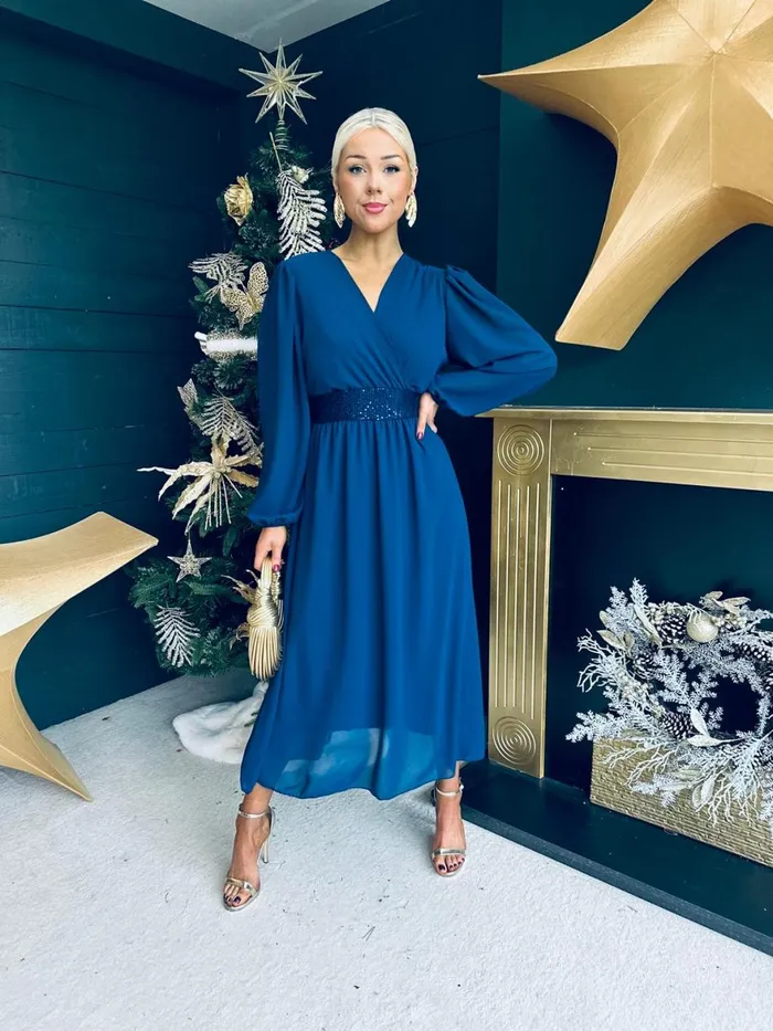 Women Evening Dress Canella Lane Julia Sequin Banded Midi Dress Navy