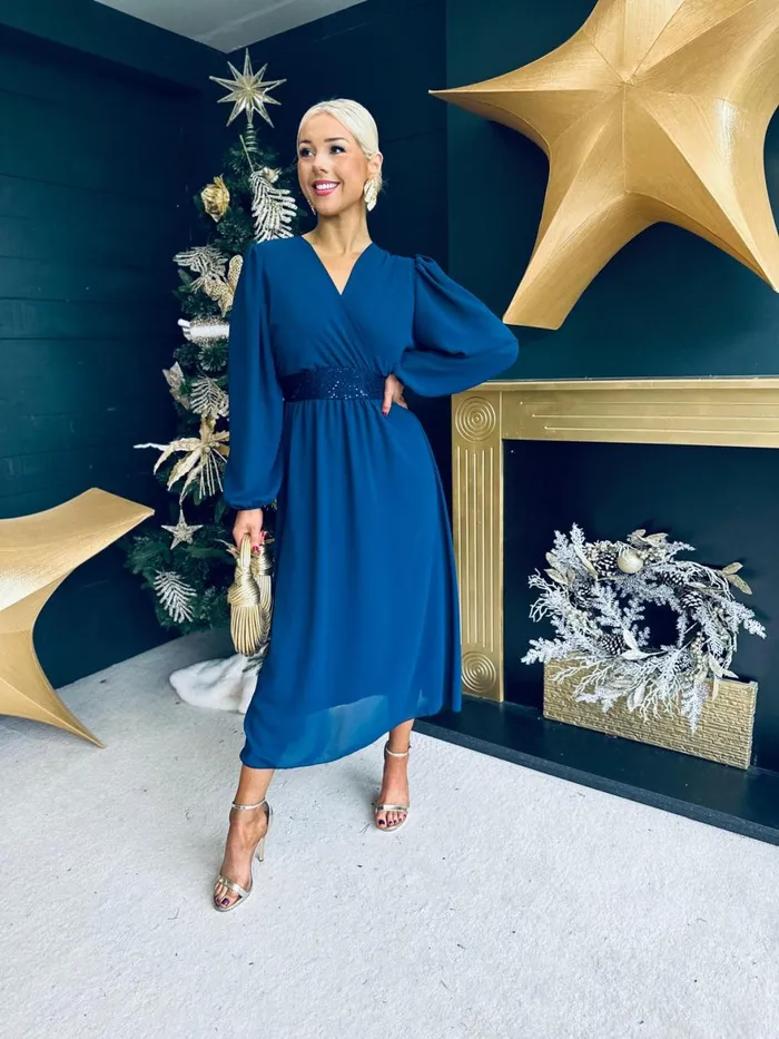 Women Evening Dress Canella Lane Julia Sequin Banded Midi Dress Navy