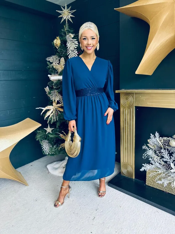 Women Evening Dress Canella Lane Julia Sequin Banded Midi Dress Navy