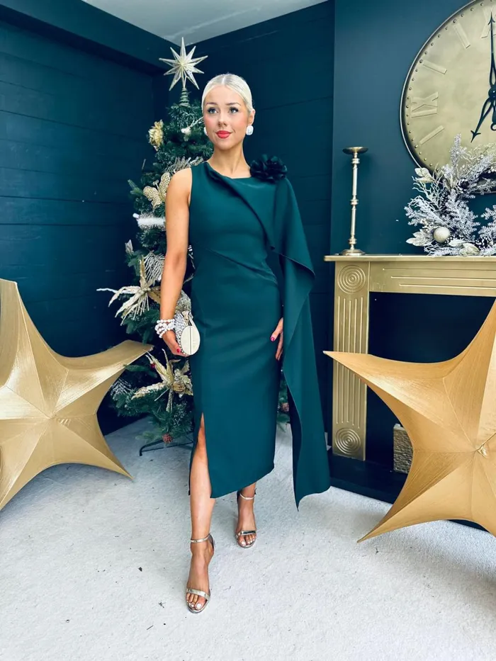 Women Evening Dress Canella Lane Keegan Cape Detail Occasion Dress Forest