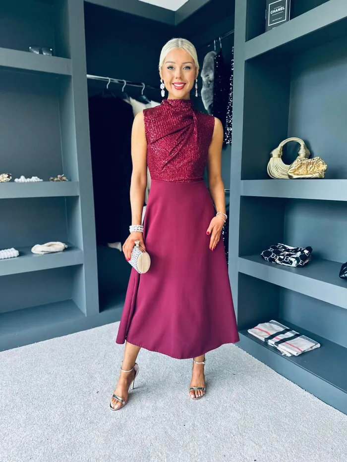 Women Evening Dress Canella Lane Madison Sequin Detail Dress Burgundy