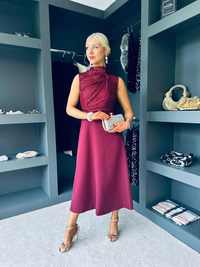 Women Evening Dress Canella Lane Madison Sequin Detail Dress Burgundy