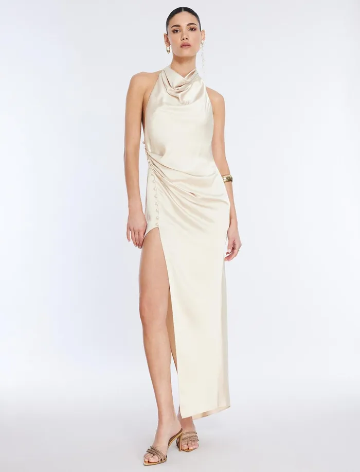 Women Evening Dresses and Gowns BCBG Keziah Draped Halter Gown Champagne