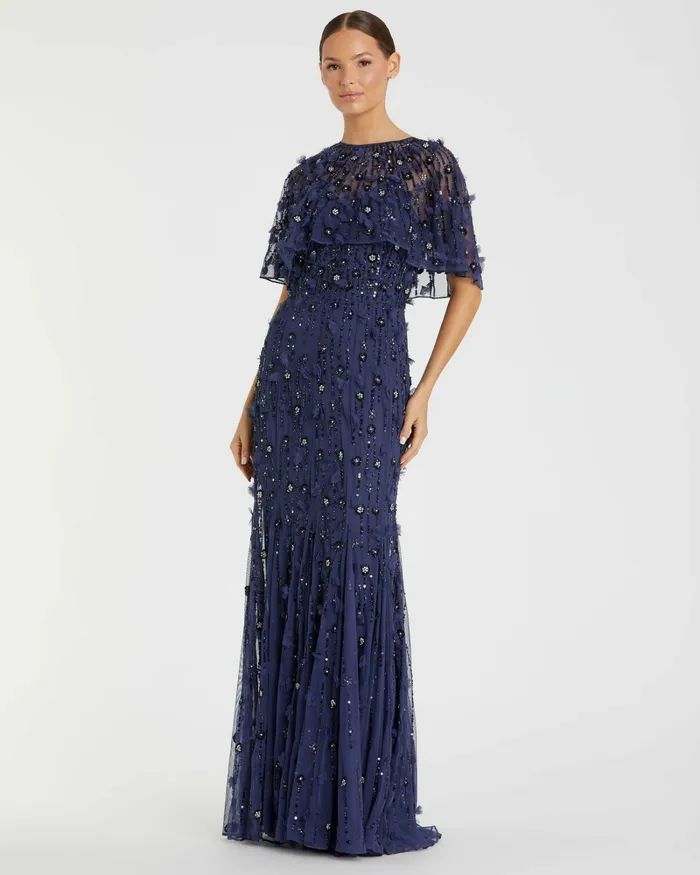 Women Evening Gowns Mac Duggal Embellished Illusion Cape Sleeve Trumpet Gown Midnight