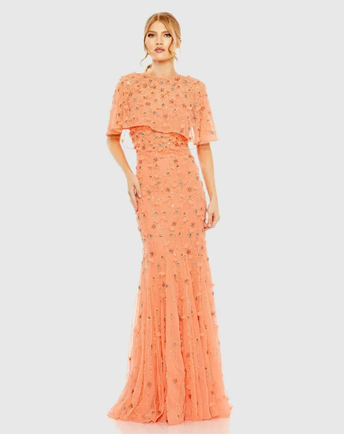 Women Evening Gowns Mac Duggal Embellished Illusion Cape Sleeve Trumpet Gown Midnight