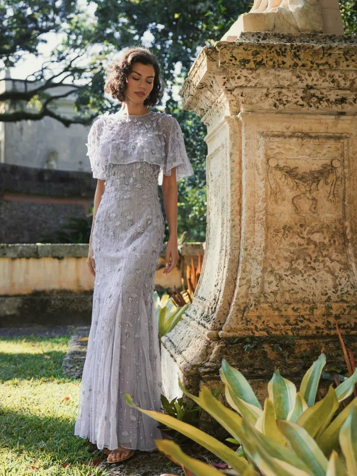 Women Evening Gowns Mac Duggal Embellished Illusion Cape Sleeve Trumpet Gown Midnight