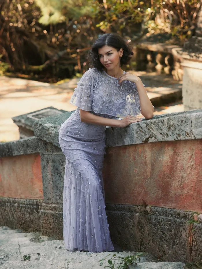 Women Evening Gowns Mac Duggal Embellished Illusion Cape Sleeve Trumpet Gown Midnight
