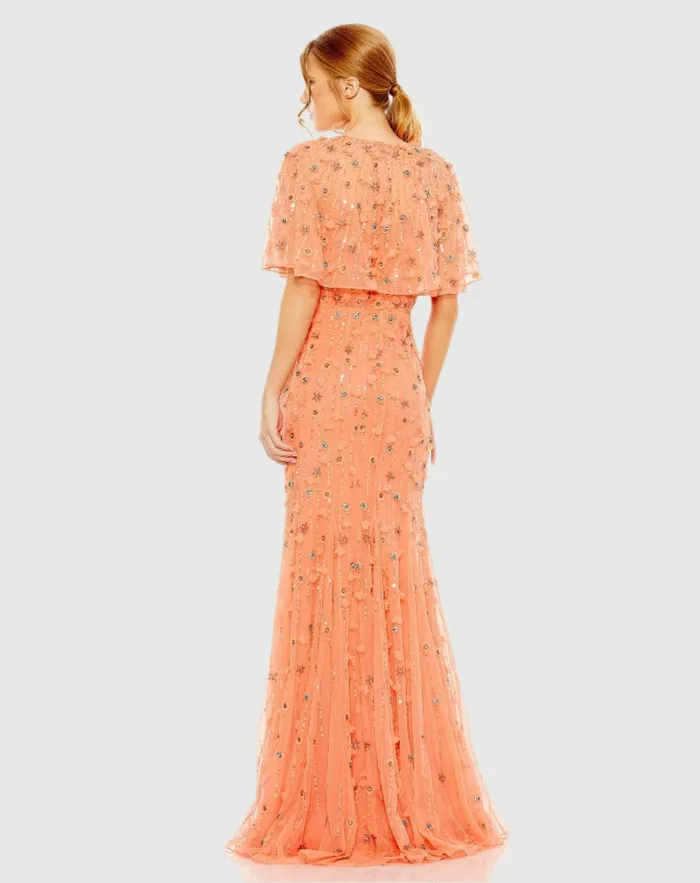 Women Evening Gowns Mac Duggal Embellished Illusion Cape Sleeve Trumpet Gown Midnight