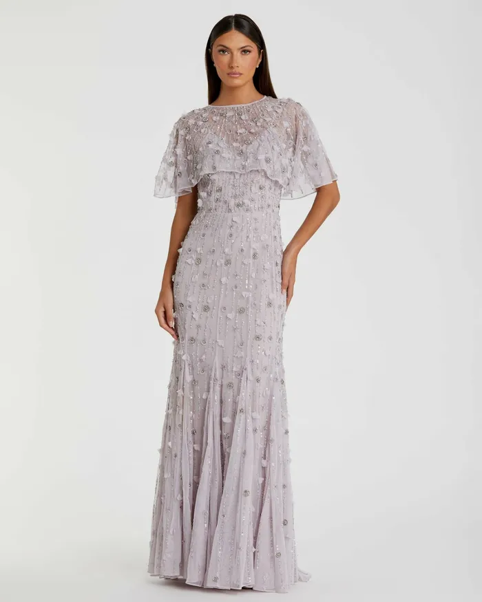 Women Evening Gowns Mac Duggal Embellished Illusion Cape Sleeve Trumpet Gown Midnight