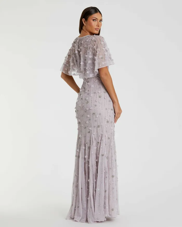 Women Evening Gowns Mac Duggal Embellished Illusion Cape Sleeve Trumpet Gown Midnight
