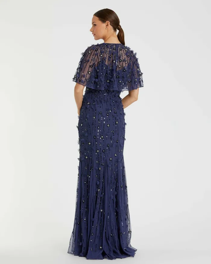 Women Evening Gowns Mac Duggal Embellished Illusion Cape Sleeve Trumpet Gown Midnight