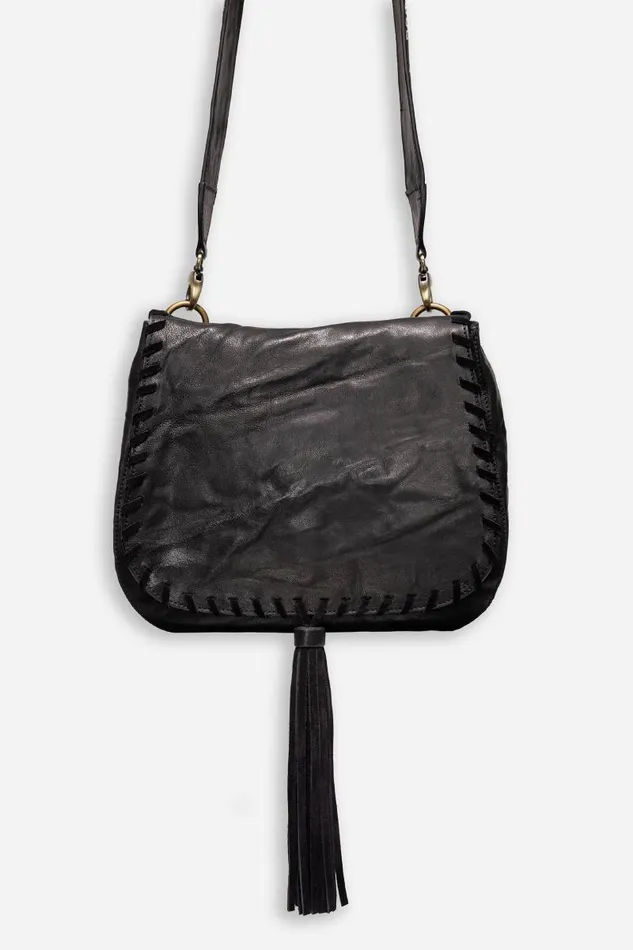 Women Handbags Johnny Was FRANCIS WHIPSTITCH ITALIAN LEATHER SADDLE CROSSBODY Black