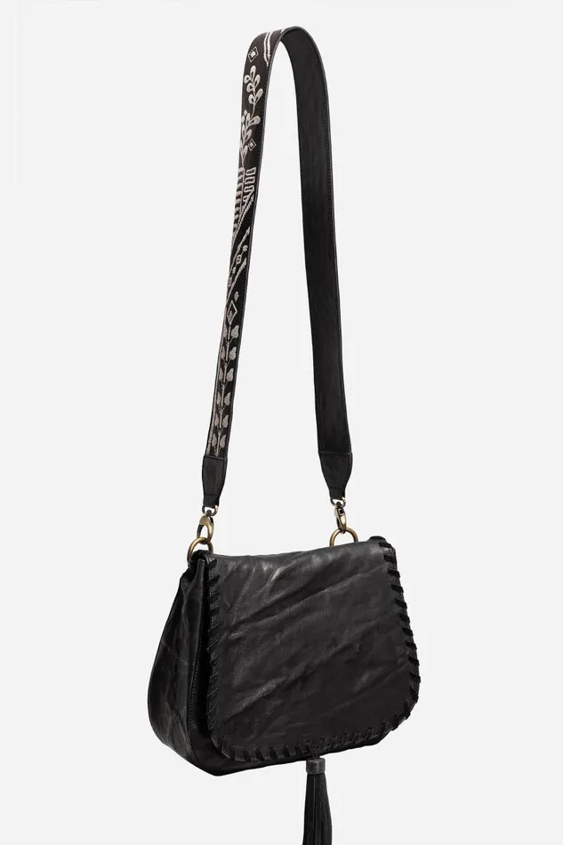 Women Handbags Johnny Was FRANCIS WHIPSTITCH ITALIAN LEATHER SADDLE CROSSBODY Black