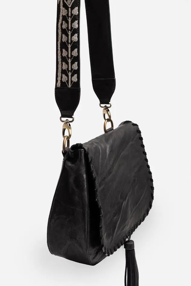 Women Handbags Johnny Was FRANCIS WHIPSTITCH ITALIAN LEATHER SADDLE CROSSBODY Black