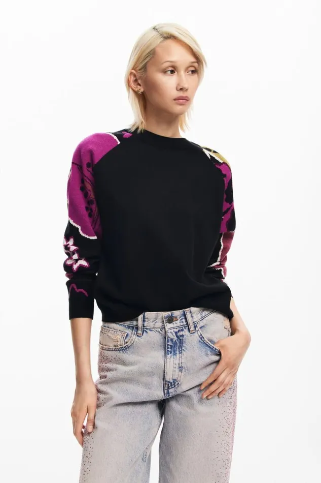 Women Jumpers Desigual Sweater With Floral Sleeves