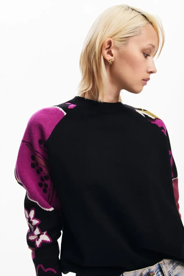 Women Jumpers Desigual Sweater With Floral Sleeves