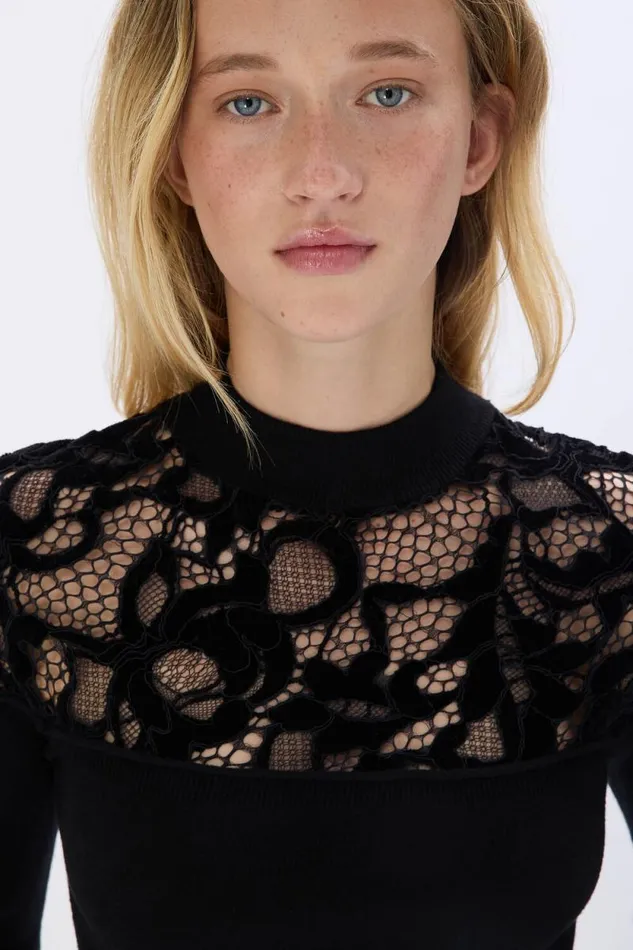 Women Knitted Velvet And Lace Sweater Black Black Sonia Rykiel Sweaters