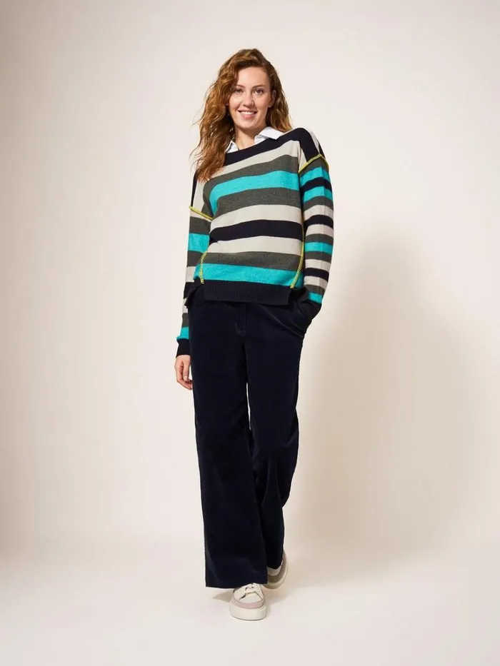 Women KNITWEAR White Stuff RIPPLE KNITTED CREW NECK JUMPER Blue Multi