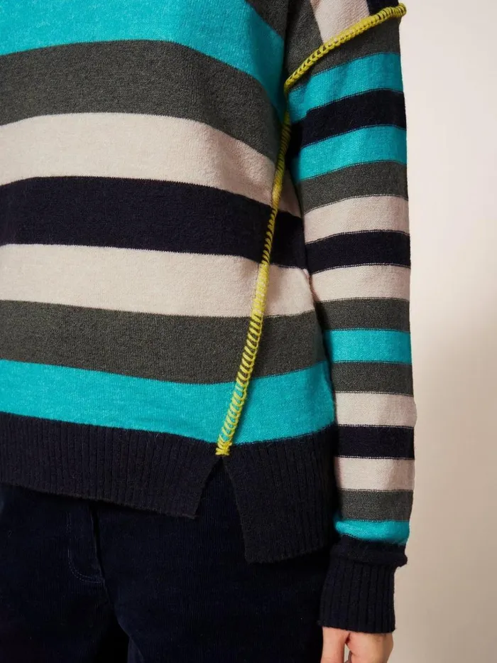 Women KNITWEAR White Stuff RIPPLE KNITTED CREW NECK JUMPER Blue Multi
