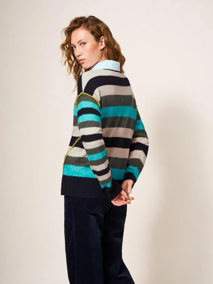 Women KNITWEAR White Stuff RIPPLE KNITTED CREW NECK JUMPER Blue Multi