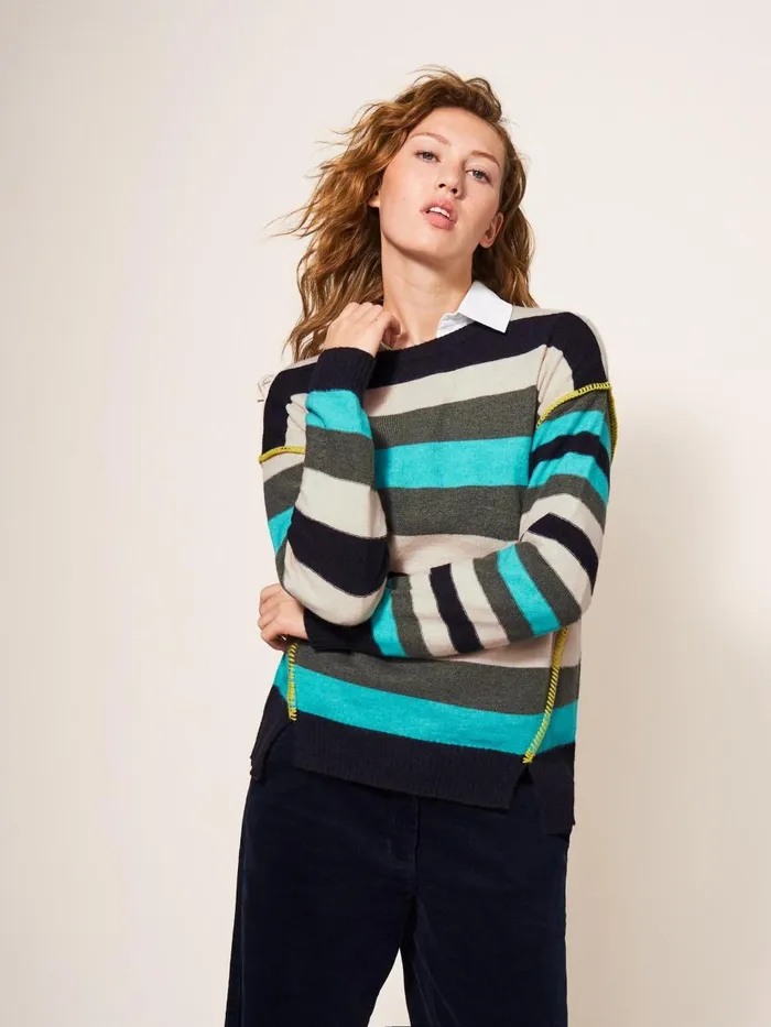 Women KNITWEAR White Stuff RIPPLE KNITTED CREW NECK JUMPER Blue Multi