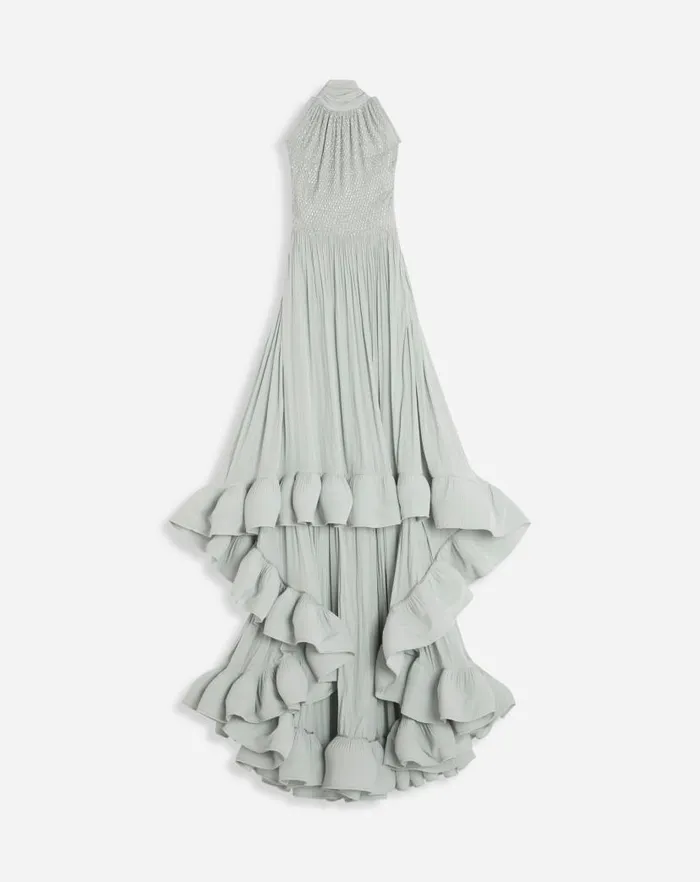 Women Lanvin Dresses Embroidered Cape Gown In Charmeuse Sage