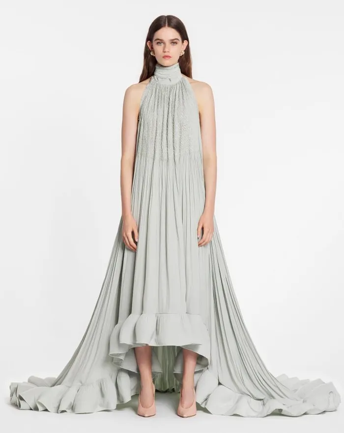 Women Lanvin Dresses Embroidered Cape Gown In Charmeuse Sage