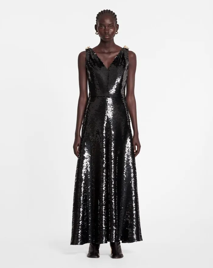 Women Lanvin Dresses Long Embroidered Sleeveless Dress Black