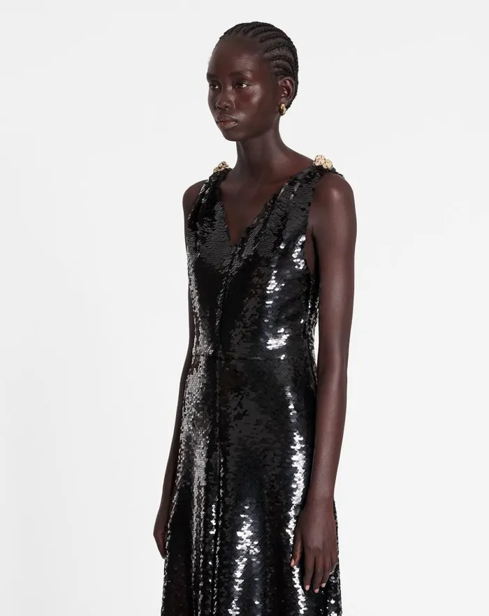 Women Lanvin Dresses Long Embroidered Sleeveless Dress Black