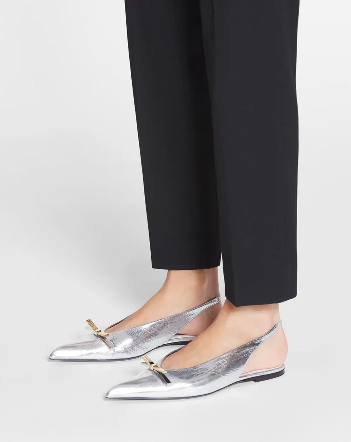 Women Lanvin Loafers Lanvin Bow Slingback In Metallic Leather Silver Women Lanvin Loafers Lanvin Bow Slingback In Metallic Leather Silver