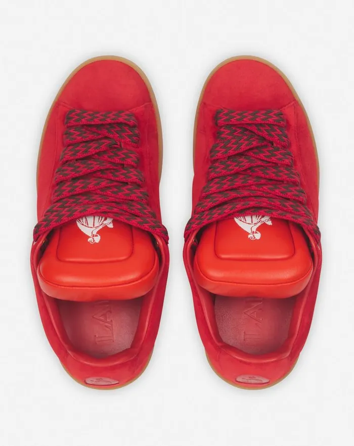 Women Lanvin Sneakers Lanvin X Future Hyper Curb Sneakers In Leather And Suede For Women Poppy Redorange Women Lanvin Sneakers Lanvin X Future Hyper Curb Sneakers In Leather And Suede For Women Poppy Redorange