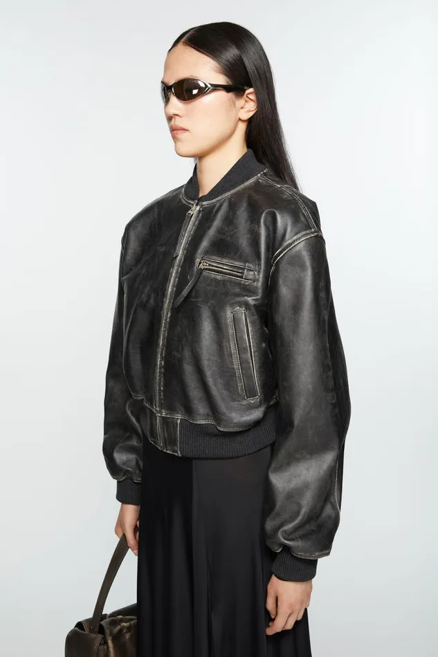 Women Leather Bomber Jacket Black Acne Studios Outerwear
