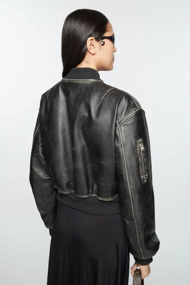 Women Leather Bomber Jacket Black Acne Studios Outerwear