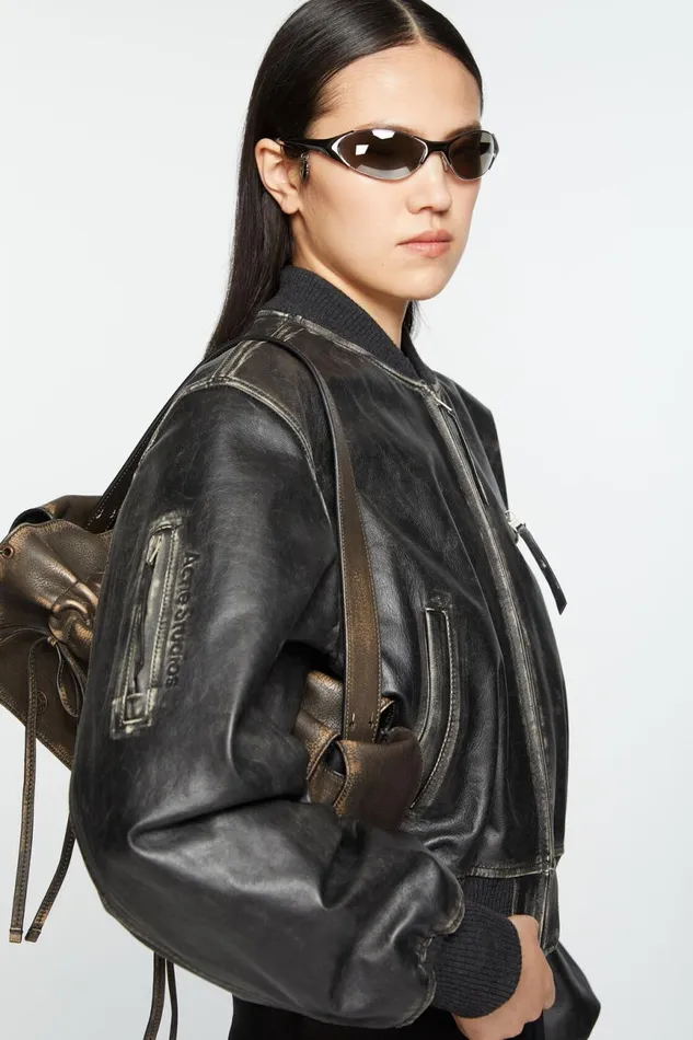 Women Leather Bomber Jacket Black Acne Studios Outerwear