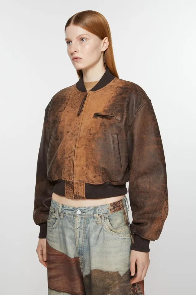 Women Leather Bomber Jacket Brown Acne Studios Outerwear