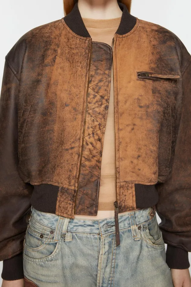 Women Leather Bomber Jacket Brown Acne Studios Outerwear