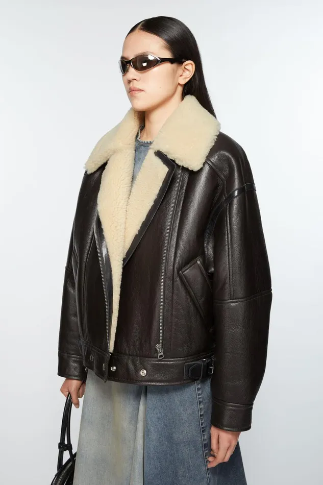 Women Leather Shearling Jacket Dark Brownbeige Acne Studios Outerwear