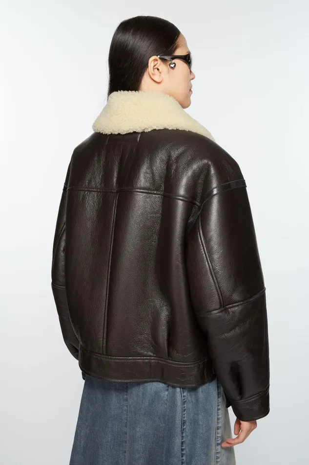 Women Leather Shearling Jacket Dark Brownbeige Acne Studios Outerwear