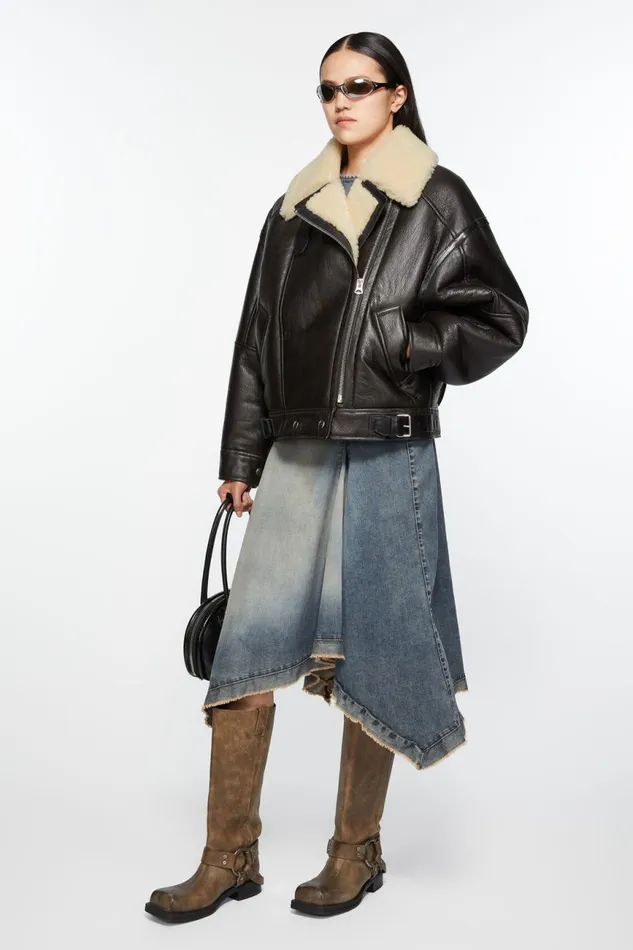 Women Leather Shearling Jacket Dark Brownbeige Acne Studios Outerwear