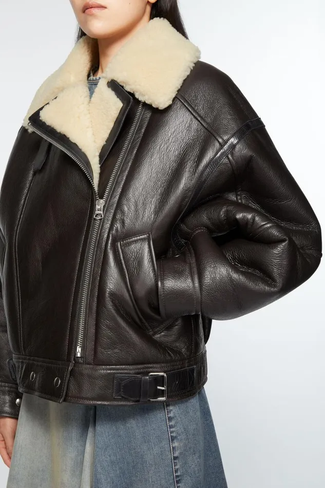 Women Leather Shearling Jacket Dark Brownbeige Acne Studios Outerwear