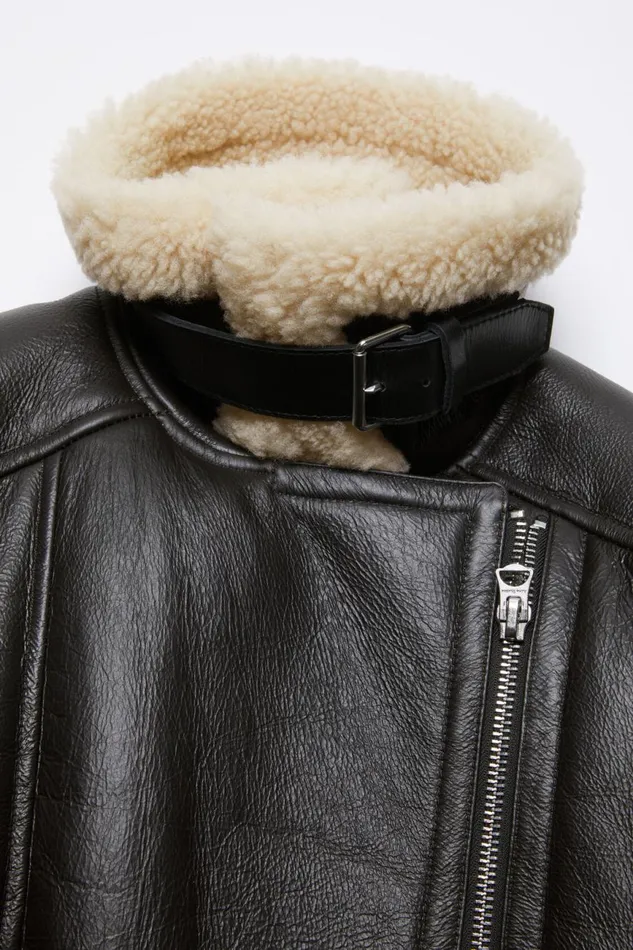 Women Leather Shearling Jacket Dark Brownbeige Acne Studios Outerwear